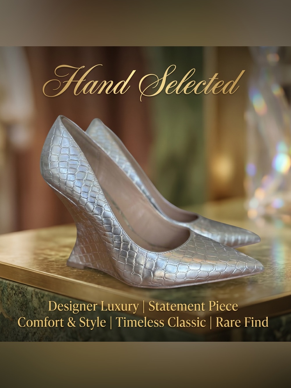 Steve Madden Rival Silver Croc Wedge Pump Pointed Toe Mob Wife Old Money 7